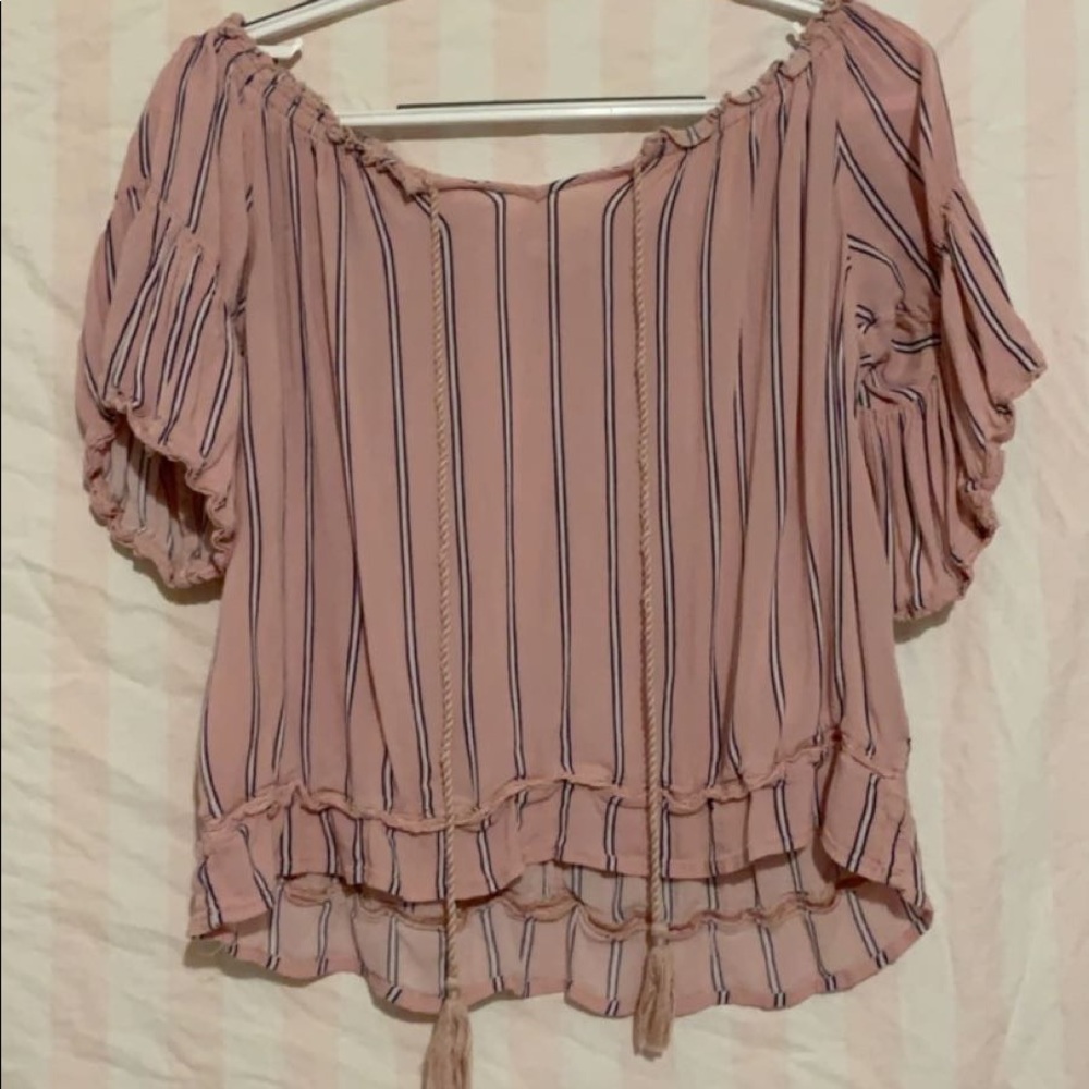 off the shoulder pink shirt